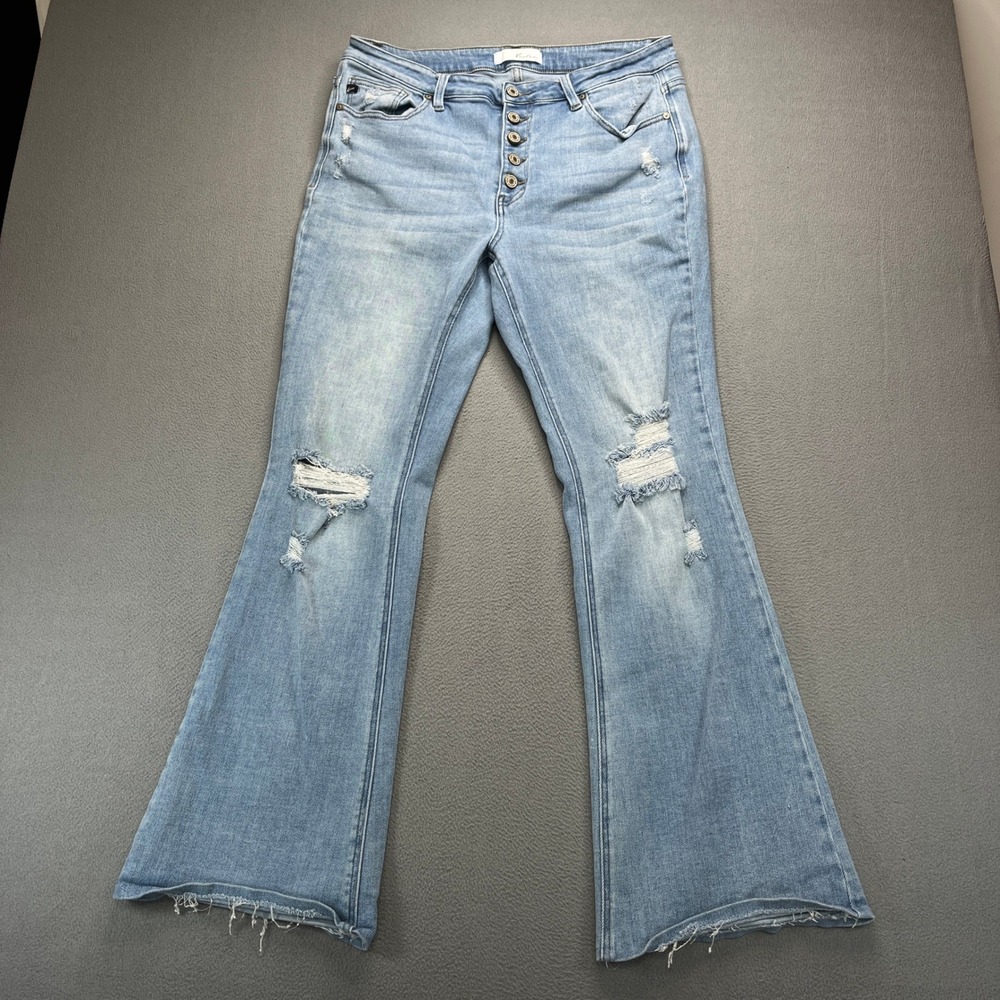 KanCan Flare Jeans Women XL Blue Cotton Blend Distressed Button Fly Bell Bottom